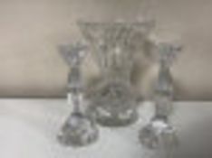 A pair of good quality crystal candlesticks and a crystal vase