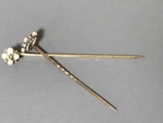 Two antique gold pins set with diamonds and pearls