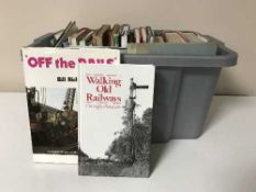 Three boxes of books and DVDs relating to railways and trains