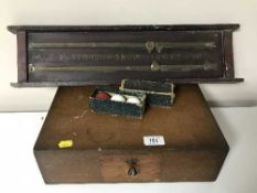 An oak counter top cash box with key together with a snooker scoreboard and set of billiard balls