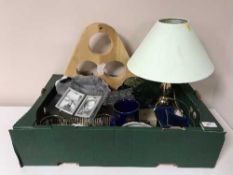 Two boxes of contemporary ornaments, candle holders, wine rack,