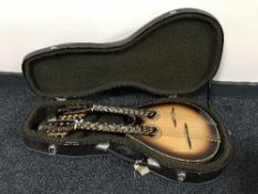 An Antonio Tsai double neck mandolin with mother of pearl inlay in a hard carry case