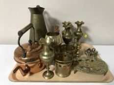 A tray of brass and copper ware - kettles, candle holders,