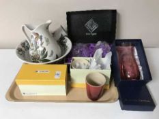 A tray of boxed Edinburgh Crystal brandy glasses, Bohemian crystal vase,