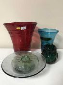 Five pieces of late 20th century coloured studio glass ware