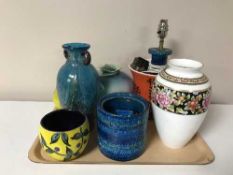 A tray containing decorative glass vase, West German pots, Franz floral vase,