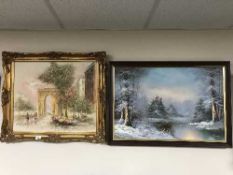 Two contemporary framed oils - winter landscape and Parisian street scene signed M.