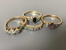 Three diamond set rings together with one further gold ring.