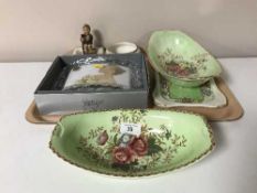 A tray of Maling Rosalind dishes, Maling Rosine plate, similar bowl, Goebel figure,