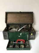 A pine joiner's tool box with hand tools, one further box of hand tools,