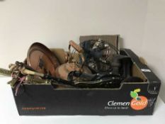 A box of pair of ornamental swords, copper kettle, bellows,