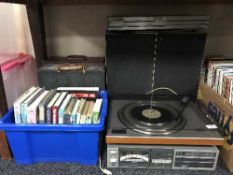A Bang & Olufsen Amp turn table and speakers, a Sony tape deck, case of Lp records,