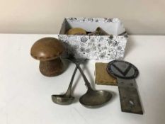 A box containing car club badges, plated teaspoons, mechanical pencil, cigarette cases,