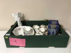 Two boxes of tea china, Ringtons caddies, envelope glass vase, Chokin ware,