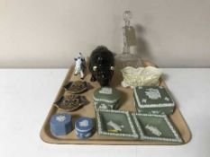 A tray containing six pieces of Wedgwood jasperware, a Melba ware bison, Belleek shell dish,