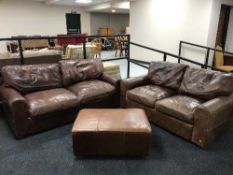 Two brown leather settees and a brown leather footstool (odd)