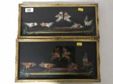 Two feather cockfighting pictures in gilt frames