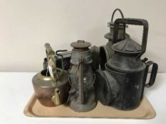A tray of three railway lamps, an oil lamp, Radius brass stove,
