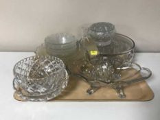 A tray of glass ware - fruit bowls, dessert set, vase, comport, Burlsem jug,