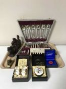 A tray of canteen of Target Sheffield Plate cutlery, two boxed Kingsley Enamels pill boxes,