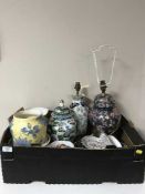 A box containing assorted china table lamps, Oriental lidded urns, planters, ginger jar,