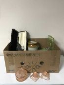 Two boxes containing assorted china and glass including glass trinket trays, part trinket sets,