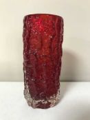 A Whitefriars ruby red cylindrical bark vase,
