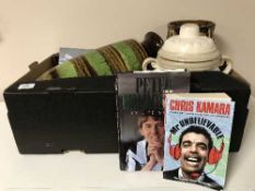 A box containing wall plates, large West German vase, storage jar, pottery ware,