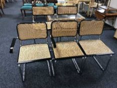 Five wicker and tubular metal chairs (two bar stools,