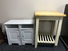 A pine topped butcher's block trolley and a pair of Ikea bedside cabinets