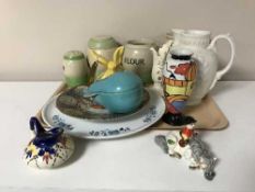 A tray of John Beswick figure - boy on pony, pottery kitchen storage jars,