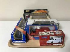 A tray of seven boxed die cast vehicles including Corgi Super Hauliers, Corgi Royal Mail, Omnibus,