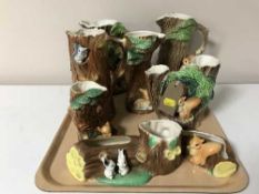 A tray of eight assorted Hornsea Fauna pottery vases and jugs