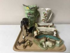 A tray of two Arthur Wood vases, a Beswick brown gloss figure of a horse, Wade whimsies,