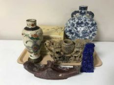 Oriental wares to include a soapstone figure, Chinese carved lapis lazuli ornament,