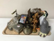 A tray of wooden fruit bowl, brass ware,