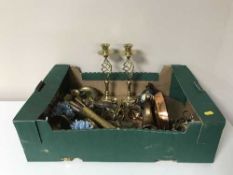 A box of assorted brass and copper ware, brass fire screen,