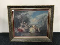 A framed print in ornate gilt frame depicting figures in 18th century dress