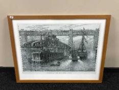 An oval brass framed bevelled edge mirror together with two contemporary mirrored framed prints of