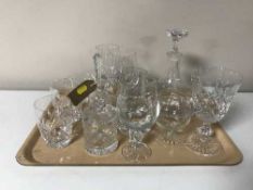 A tray of Dartington crystal decanter, glasses, goblets,