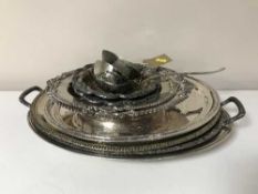 Twentieth century plated serving dishes and two large ladles