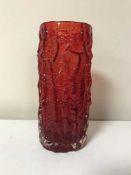 A Whitefriars ruby red cylindrical bark vase,