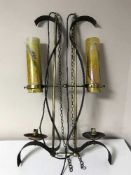 Four contemporary metal light fittings with coloured cylindrical glass shades