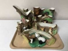 A tray of assorted Hornsea pottery and Royal Fauna vases and jugs
