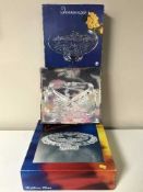 A ceramic jardiniere on stand, gilt framed mirror, boxed cake stand, boxed glass ware,