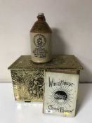 A brass embossed coal box, stone ware flagon, boxed chess and checker table,