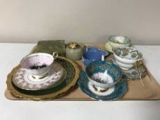 A tray of two pieces of Wedgwood jasper ware, Limoges plates, Paragon cups and saucers,