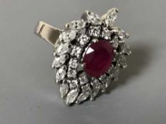 An 18ct white gold ruby and diamond ring,