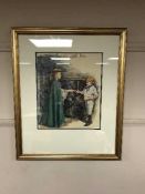 Melvyn Warren-Smith : A lady handing a letter to a young boy, an illustrator's watercolour,