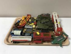 Two trays containing a large quantity of play-worn Dinky and Corgi die cast vehicles